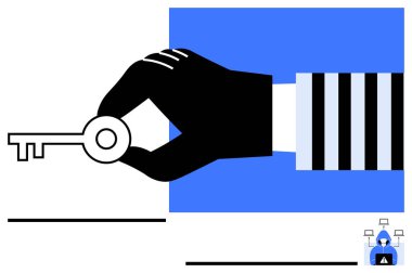 Çizgili kollu siyah el anahtarı tutuyor, erişimi ya da kontrolü temsil ediyor. Arka planda küçük bir hacker figürü var. Temalar için ideal güvenlik, erişim denetimi, hırsızlık, veri koruması
