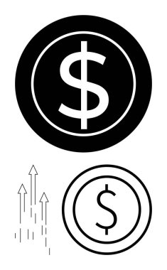 Siyah ve beyaz dolar para birimi simgeleri, yukarı doğru giden okların yanında finansal büyüme, yatırım fırsatları, iş başarısı, kar artışı, zenginlik, ekonomik kalkınmayı gösteren simgeler. İdeal