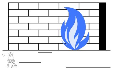 Mavi alevi olan tuğla duvar korumayı simgeliyor, aşağıdaki güvenlik anahtarı. Siber güvenlik, güvenlik duvarı, koruma, mahremiyet, güvenli erişim, şifreleme dijital güvenliği için ideal. Minimalist düz basit