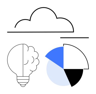 Bulut, soyut ampul ve beyin, bölünmüş pasta grafiği. Yenilik, teknoloji, analitik, beyin fırtınası, veri bilimi, teknoloji stratejileri, yaratıcı çözümler için idealdir.