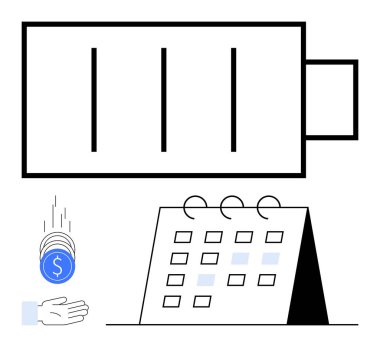 Enerjiyi temsil eden pil, zaman tutmak için takvim ve madeni paralar para için kullanılıyor. Sürdürülebilirlik, üretkenlik, mali planlama, kaynak optimizasyonu, zaman yönetimi için ideal