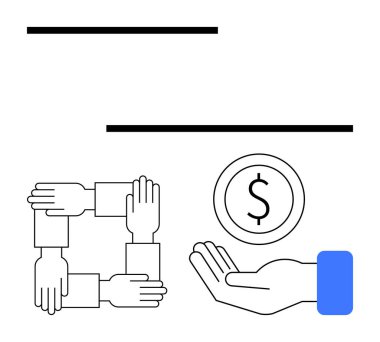 Eller birleşerek takım çalışmasını sembolize eder. Madeni para değişimi ve desteği temsil eder. Takım çalışması, işbirliği, finans, bağış, ortaklık, güven inşa etmek için ideal