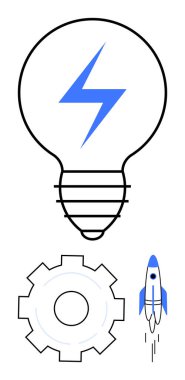 Fikirler için yıldırımlı ampul, süreç için vites, ilerleme için roket. Yenilik, iş büyümesi, teknoloji, girişimler, beyin fırtınası, yaratıcılık için ideal basit iniş sayfası