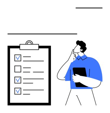 Büyük bir pano kontrol listesini incelerken elinde tablet tutan kişi. Üretkenlik, planlama, öncelikler, organizasyon, karar verme, görev yönetimi, basit iniş sayfası için ideal