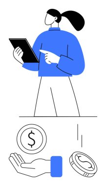 Ekranı işaret eden tabletli kadın yanında madeni paralar, dolar işareti ve el var. Finans, yatırım, mobil uygulamalar, dijital araçlar, para yönetimi, teknoloji sade iniş sayfası için ideal