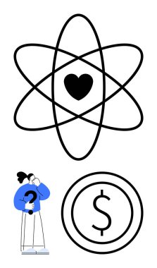 Kalp merkezli siyah atom, soru işareti taşıyan şaşkın insan, dolar şeklinde para taslağı. Bilim, aşk, karar verme, finans, ekonomi yenilik eğitimi için idealdir. Basit iniş için mükemmel.