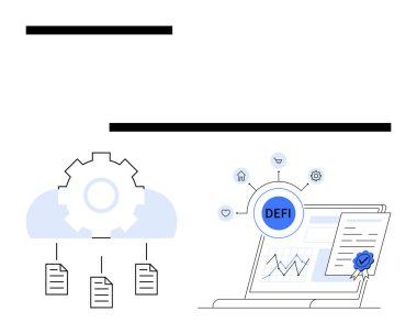 Dişliler ve bulutlar, dizüstü bilgisayardaki engellenmiş merkezden uzaklaştırılmış finans sürecine bağlı belge paylaşımıyla bağlantılı. Fintech, crypto, engelleme zinciri, finans, yenilik, dijital güvenlik ve teknoloji için ideal. Düz