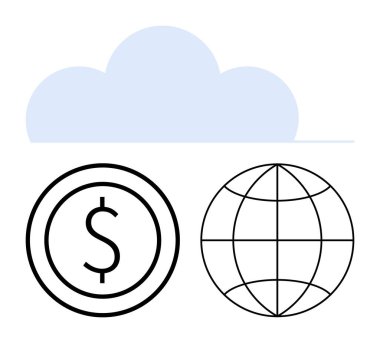Dolar sembolü ve küreyle birlikte bulut simgesi dijital finans, çevrimiçi işlemler, küresel ticaret ve bağlantı kavramlarını ön plana çıkarıyor. Teknoloji, fintech, bankacılık, e-ticaret, ağ için ideal