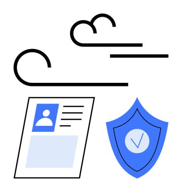 Güvenlik kalkanı ve bulut çizgilerinin yanında dijital kimlik kartı, kimlik koruması, güvenli depolama ve teknoloji entegrasyonunu vurguluyor. Siber güvenlik, veri güvenliği, çevrimiçi kimlik ve bulut için ideal