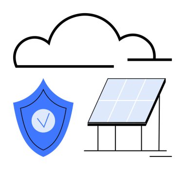 Bulut çizgisi, işaretli mavi kalkan, güneş paneli yapısı. Yenilenebilir enerji, veri güvenliği, bulut depolama, teknoloji, sürdürülebilirlik, yenilik için ideal basit iniş sayfası