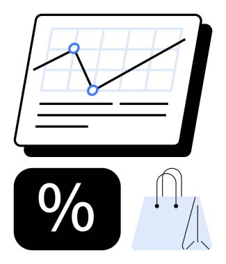 Şebeke üzerinde trend çizgisi, indirim yüzdesi bloğu ve ticareti simgeleyen alışveriş torbası grafiği. Perakende, iş büyümesi, alışveriş, analiz, satış pazarlama ve finans için ideal. Temiz daire