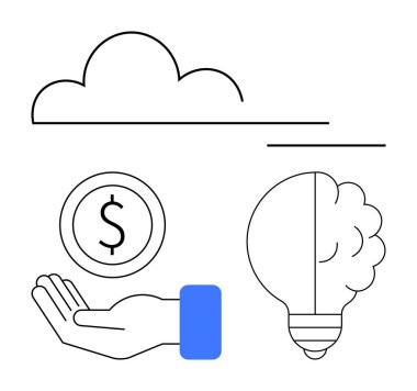 El ele tutuşan para, bulut şekli ve beyin temalı ampul finans, teknoloji, yenilik, bulut depolama, girişimcilik, yaratıcılık ve veri yönetimini sembolize ediyor. Finans uygulaması teknolojisi için ideal