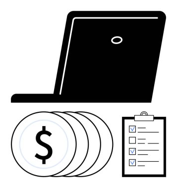 Dizüstü bilgisayar, dolar işareti olan madeni paralar ve işaretli görevler mali planlamayı, bütçeyi, görev organizasyonunu ve çevrimiçi çalışmayı temsil ediyor. Üretkenlik ve iş görevleri için ideal