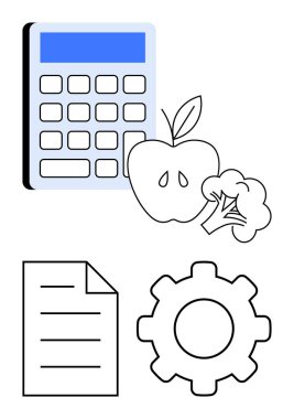Sağlıklı alışkanlıkları, beslenmeyi, verimliliği, planlamayı, eğitim verimliliğini sembolize eden meyve, sebze, belge ve teçhizatlı hesap makinesi. Sağlık eğitim stratejisi dengesi için ideal