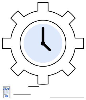 Zaman entegrasyonunu temsil eden saat merkezli teçhizat. Aşağıda küçük bir dükkan var. Üretkenlik, organizasyon, iş, otomasyon, verimlilik, zamanlama dengesi için idealdir. Düz basit metafor