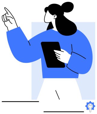 Mavi kazaklı kadın tablet tutuyor ve yukarı doğru hareketler yapıyor. Bu da eğitim, öğrenme ya da dijital aletleri gösteriyor. Eğitim, teknoloji, takım çalışması, yenilik, strateji iletişimi yaratıcılığı için ideal