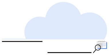 Dijital takvimi inceleyen bir büyüteçle mavi bulut şekli. Veri organizasyonu, çevrimiçi depolama, üretkenlik, bulut çözümleri, veri alımı, arama optimizasyonu, dijital