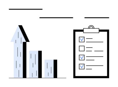 Yukarı doğru ok, üç çubuk ve ilerlemeyi, organizasyonu ve veri izlemesini vurgulayan bir kontrol listesi olan büyüme tablosu. İş, üretkenlik, analitik ve veri izleme hedefleri için ideal