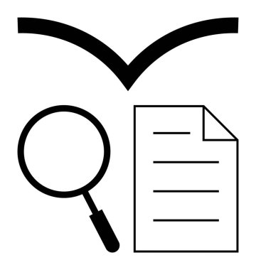 Açık kitap taslağının altındaki büyüteç araştırmayı, çalışmayı ve öğrenmeyi sembolize ediyor. Eğitim, analiz, keşif, soruşturma ve akademik çalışmalar için ideal. Düz basit