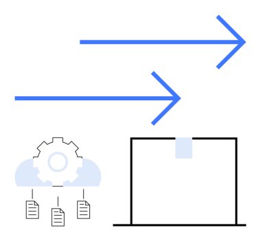 Mavi oklar, belgeleri ve otomasyonu sembolize eden teçhizatlı bir bulut tarafından desteklenen veri hareketini simgeliyor. Bir teslimat kutusu da dahil. Veri yönetimi, lojistik, bulut değişimi, otomasyon için ideal
