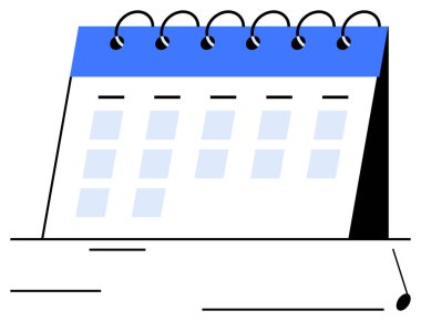 Masa takvimi mavi üst bölüm ve spiral bağlayıcı, günlük planlama ve zaman yönetimini temsil ediyor. Üretkenlik, programlama, etkinlik planlaması, ofis araçları, süreler, hatırlatıcılar, daire