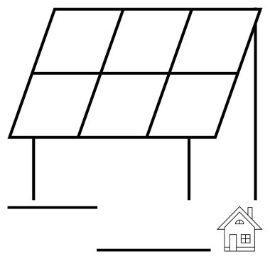 Yere büyük bir güneş paneli inşa edilmiş, yakınlarda küçük bir ev. Yenilenebilir enerji, sürdürülebilirlik, eko yaşam, yeşil teknoloji, güç kaynağı, temiz enerji, basit iniş sayfası için ideal