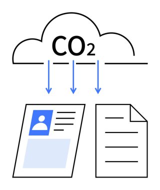 Karbondioksit içeren bulut simgesi, aşağı doğru oklar, profil belgesi ve veri depolama ve çevresel kaygıları vurgulayan metin sayfası. Sürdürülebilirlik, teknoloji, veri, koruma, iş akışı için ideal