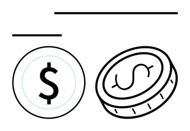 Dolar parası ve yuvarlak jeton. Finans, yatırım, döviz kuru, dijital cüzdan, tasarruf, bankacılık ticareti ve basit bir iniş sayfası için ideal. Çizgi benzetmesi. Basit satır simgeleri