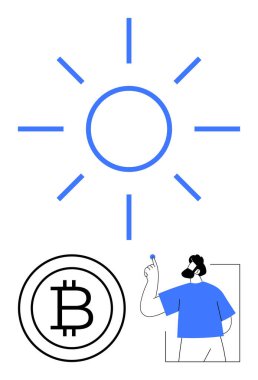 Güneş ışınları enerjiyi sembolize eder, Bitcoin logosu dijital para birimi için, ve para tutan bir kişi. Finans, gelişmekte olan teknoloji, sürdürülebilirlik, dijital ekonomi, yenilik ve yenilenebilir enerji için ideal