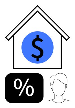 Merkez dolar işareti, yüzde blok ve insan silueti olan ev ana hatları finansal açıdan, krediden ve ödenebilirlikten bahsediyor. Finans, mortgage, konut, ekonomi gayrimenkul maliyeti için ideal