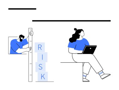 Adam cetvel kullanarak risk bloklarını diziyor ve ölçüyor, kadın dizüstü bilgisayarla oturuyor. İş planlaması, risk yönetimi, takım çalışması, ilerleme değerlendirmesi, karar verme, danışmanlık, basit