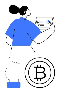 İş kadını tabletteki analiz çizelgesini inceledi. Bitcoin logosu ve işaret parmağı hareketi kararları ve yatırımları temsil eder. Finans, teknoloji, kripto para birimi, büyüme, strateji, veri için ideal