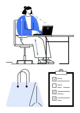 Masada dizüstü bilgisayarda yazan bir kadın işaretli kutular ve alışveriş torbalarıyla listelenmiş. Üretkenlik, iş hayatı dengesi, ergonomik, çevrimiçi alışveriş, yapılacaklar listesi, iş sade iniş görevleri için ideal