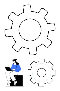 Daha küçük teçhizatlı büyük vites simgesi, yanında dizüstü bilgisayarda çalışan oturan bir kadın var. Takım çalışması, mekanik, yenilik, teknoloji, iş akışı, verimlilik, basit iniş sayfası için ideal