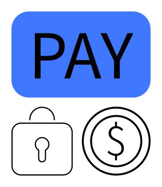 Mavi Ödeme tuşu, asma kilit simgesi güvenliği simgeliyor dolar madeni para altını çizme ödemesi, finansal güvenliği vurgulama. Ödeme işlemleri, e-ticaret, veri güvenliği, fintech, çevrimiçi bankacılık için ideal