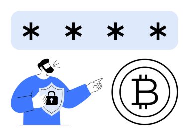 Güvenlik kalkanı tutan adam şifre koruma çubuğunun yanındaki Bitcoin simgesini gösteriyor. Kripto para birimi, engelleme zinciri, güvenlik, güvenlik, veri koruması, çevrimiçi gizlilik, siber savunma için ideal. Düz basit