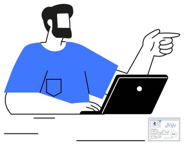 Masasında dizüstü bilgisayarla oturan bir adam konsepti açıklıyormuş gibi işaret ediyor. Takım çalışması, strateji, liderlik, analiz, uzaktan çalışma, iş iletişimi verimliliği için ideal. Düz basit metafor