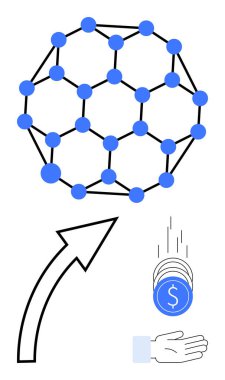 Poligonal engelleme küresi, yukarı doğru ok ilerlemeyi işaret ediyor, paralar bir elin içine düşüyor. Engelleme zinciri, finans, büyüme, teknoloji, kripto para birimi, ekonomi sade iniş sayfası için ideal