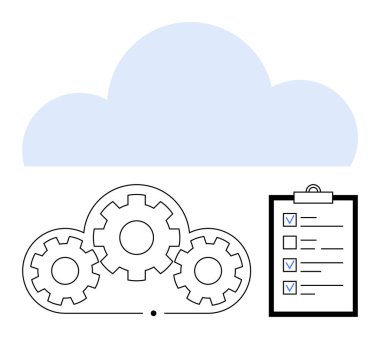 Otomasyonu temsil eden birbirine kenetlenmiş vitesli bulut, bir kontrol listesi vurgulama görev yönetiminin yanında. Teknoloji, otomasyon, iş akışı, takım çalışması, veri yönetimi, yazılım, basit iniş için ideal