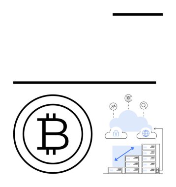 Bitcoin logosu dijital bulut depolama, sunucu rafları ve engelleme etkileşimi simgelerinin yanında. Kripto para birimi, engelleme zinciri, bulut hesaplama, fintech, veri yönetimi, teknoloji yeniliği için ideal