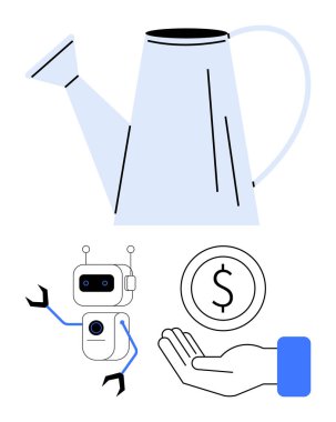 Yetiştirme konservesi, robot otomasyon figürü, madeni büyümeyi sembolize eden madeni para. Teknoloji, sürdürülebilirlik, yenilik, yatırım, yapay zeka, iş büyümesi ve basit