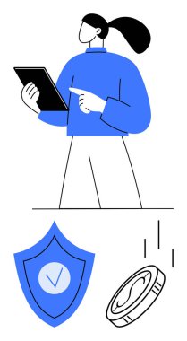 Tablet tutarken el kol hareketleri, güvenlik kalkanı ve düşen para eşliğinde. Finans, teknoloji, güvenlik, kripto para birimi, karar verme, ilerleme ve iş için ideal. Basit iniş