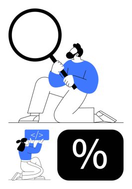 Büyüteçle veri analiz eden adam, kod geliştiren kadın, değer analizini belirten yüzde bloğu. Araştırma, teknoloji, kodlama, odaklanma, keşif değerlendirme hesaplaması için idealdir. Düz