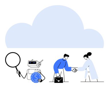 Büyüteç robotla finansmanı denetliyor, profesyoneller arasında bir bulutun altında tokalaşıyor. Teknoloji, yapay zeka, takım çalışması, finans, analitik, fütüristik temalar, düz basit metafor için ideal