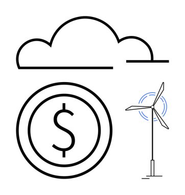 Rüzgar türbini ve doların üzerindeki bulut yenilenebilir enerji, ekonomik verimlilik ve yeşil çözümler öneriyor. Sürdürülebilirlik, eko-finans, teknoloji, çevre, yenilik için ideal