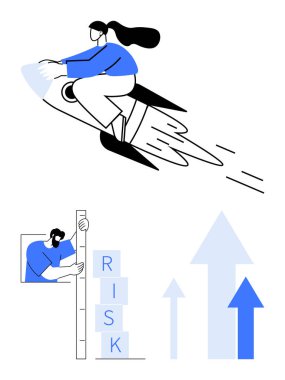 Roket üzerinde uçan kadın karakter ilerlemeyi temsil ederken, bir diğeri de blokları kullanma riskini göze alıyor. Yenilik, büyüme, karar verme, analitik, motivasyon, strateji için ideal basit iniş