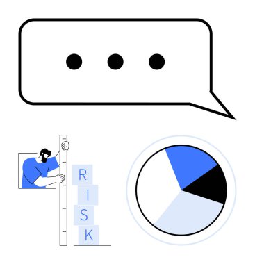Elipsli konuşma balonu, risk bloklarını istifleyen insan, mavi pasta grafiği bölümleme verileri. İş stratejisi, karar verme, risk değerlendirmesi, iletişim, hedef planlama, analitik için ideal