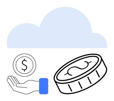 Bir dolar bozuk para ve daha büyük bir bozuk para tutan mavi bir bulut. Finans, bulut hesaplama, teknoloji, sanal ekonomi, tasarruf, veri güvenliği, basit iniş sayfası için ideal