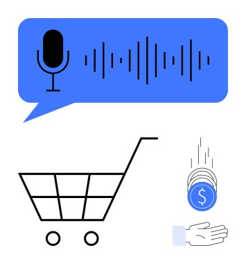 Ses dalgalarını ses girişi olarak kullanan mikrofon, alışveriş arabası, düşen paralar ve el. Ses teknolojisi için ideal, çevrimiçi alışveriş, e-ticaret, ödeme sistemleri, yapay zeka otomatik iniş sayfası