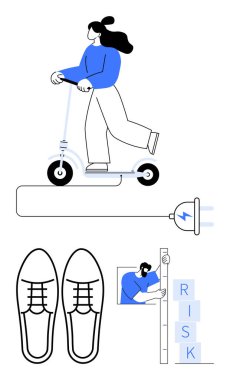 Fişe bağlı elektrikli scooter kullanan bir kadın, çizilmiş ayakkabılar, RISK yazım engelleri olan bir işçi. Hareketlilik, enerji, güvenlik, yaşam tarzı, teknoloji için ideal, basit iniş sayfasına meydan oku